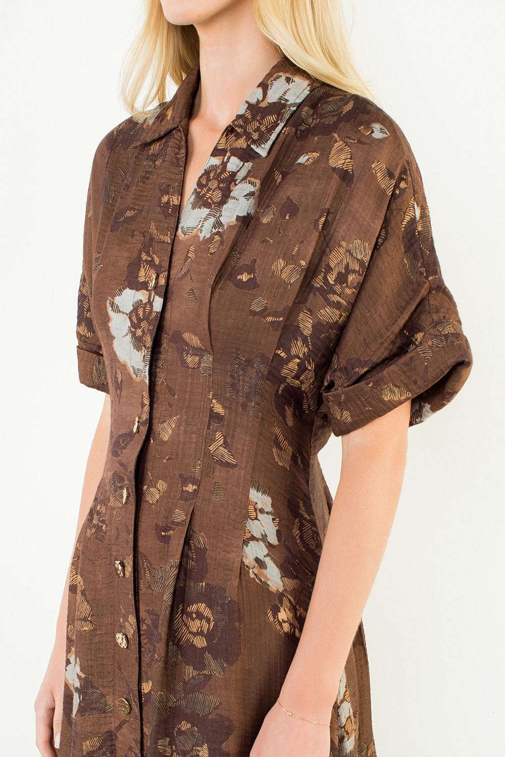 THML "Grace" Button Up Long Floral Dress-Brown