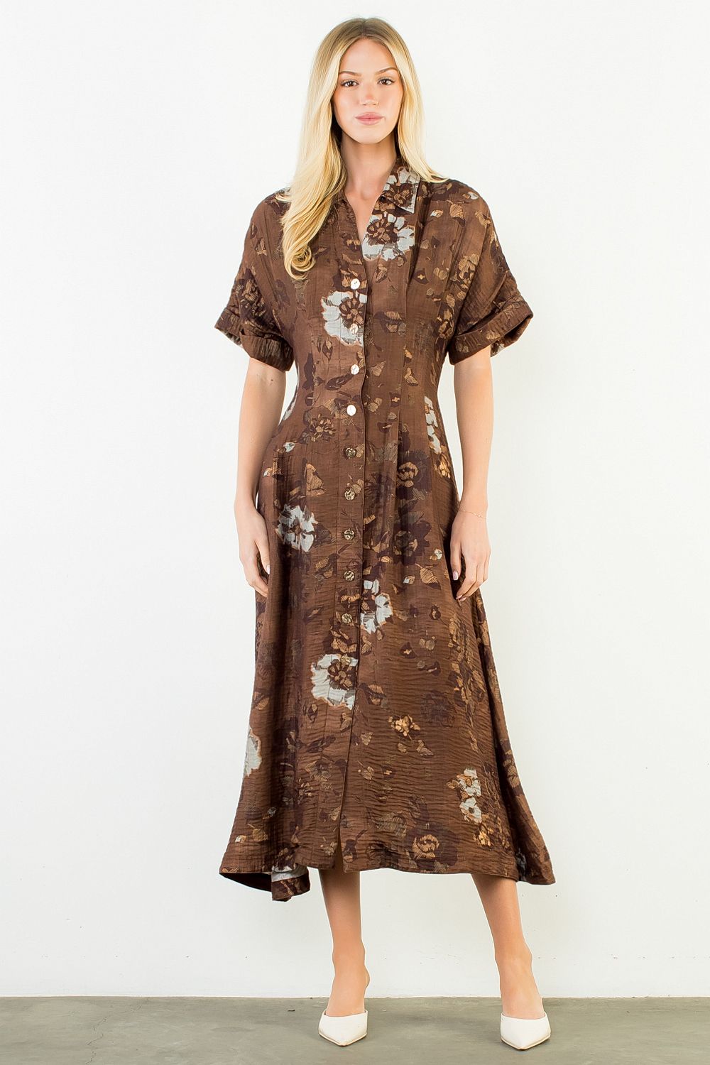 THML "Grace" Button Up Long Floral Dress-Brown