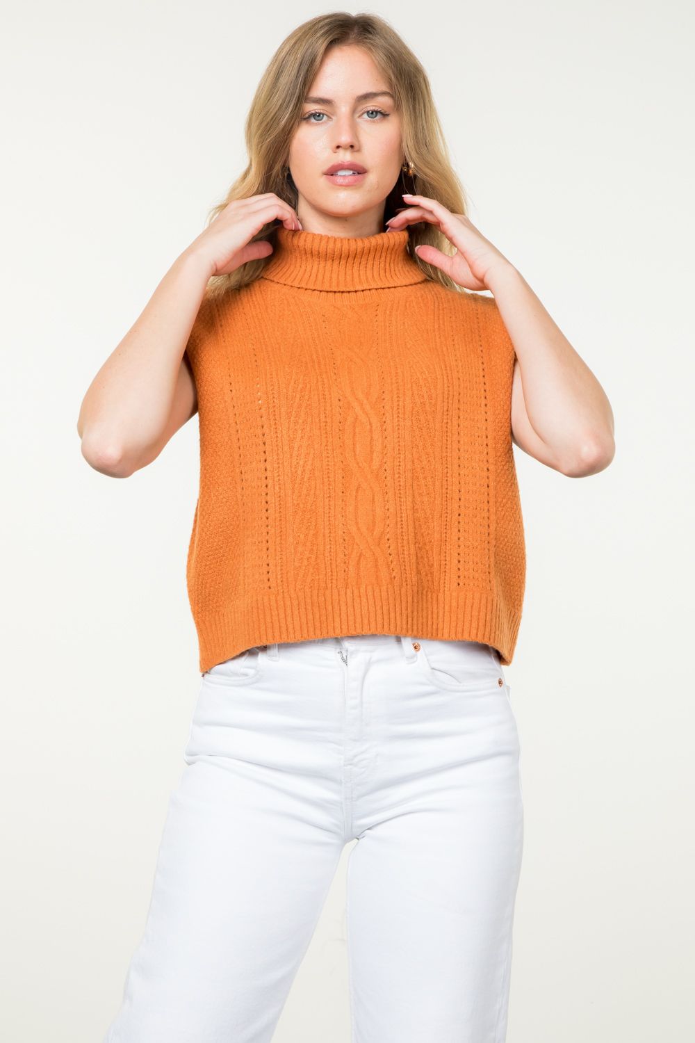 THML “Blair” Turtleneck Cableknit Sweater Vest - Rust