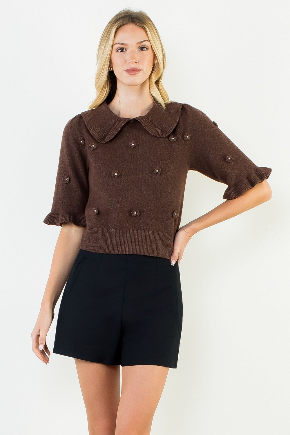 THML “Harrison” Floral Embroidered Top-Brown