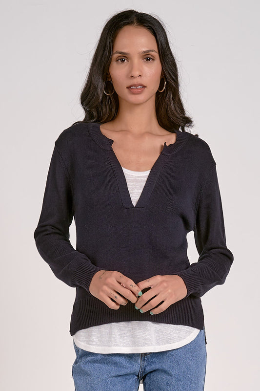 Elan V-Neck Layered Sweater-Navy/White