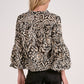 Elan V-Neck Bubble Sleeved Blouse-Black Acorn Print