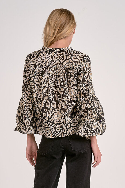 Elan V-Neck Bubble Sleeved Blouse-Black Acorn Print