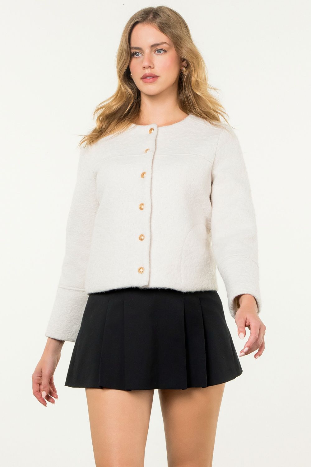 THML “Genevieve” Button Up Boucle Jacket-Cream