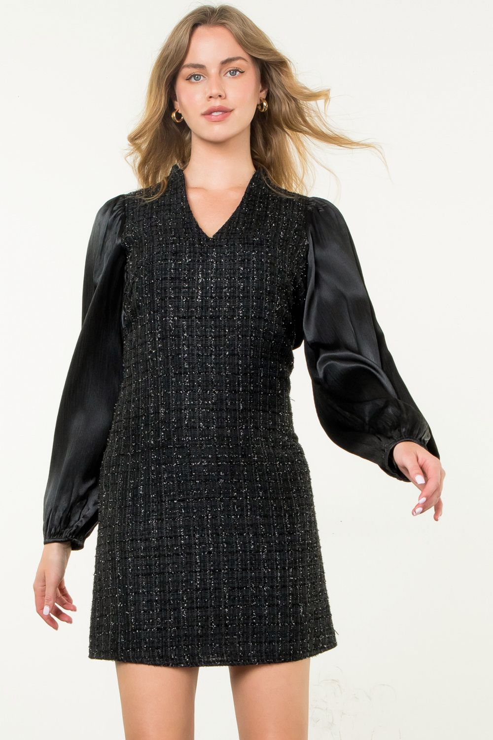 THML "Aria" Mixed Media Tweed Dress-Black