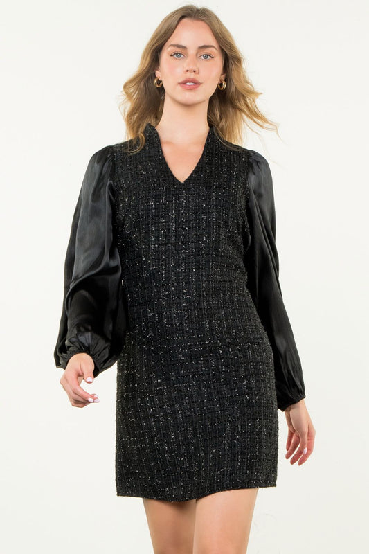 THML "Aria" Mixed Media Tweed Dress-Black