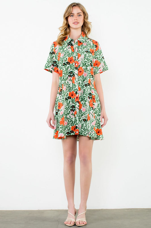 THML "Barb" Button Up Floral Dress-Green