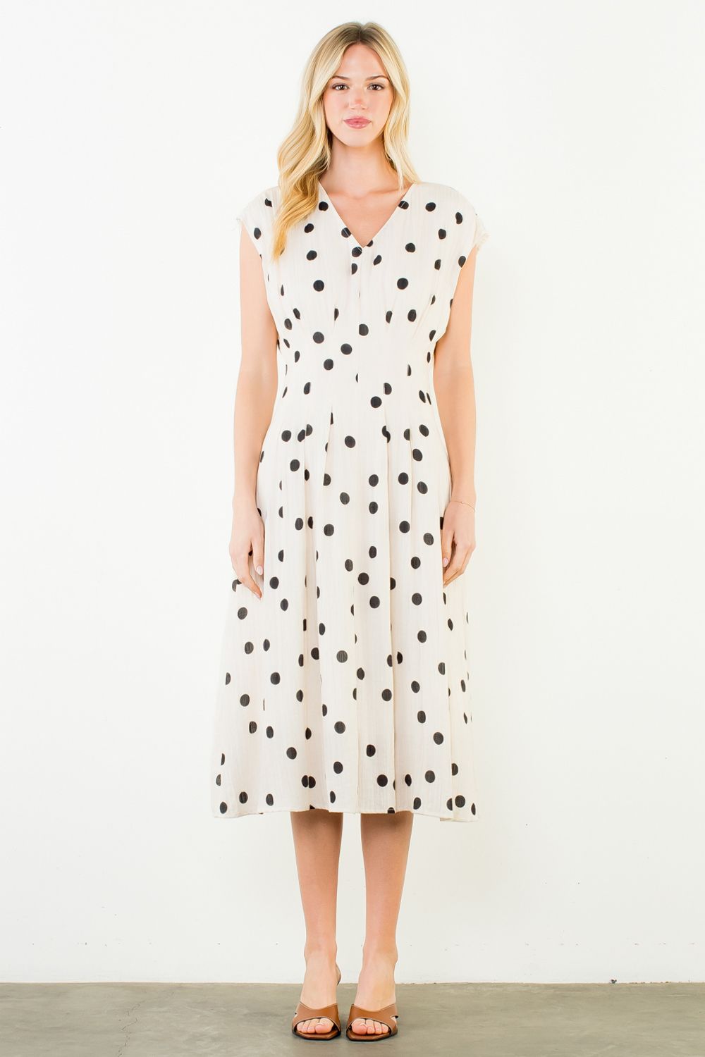 THML "Isla" S/S Polka Dot Dress-Cream/Black