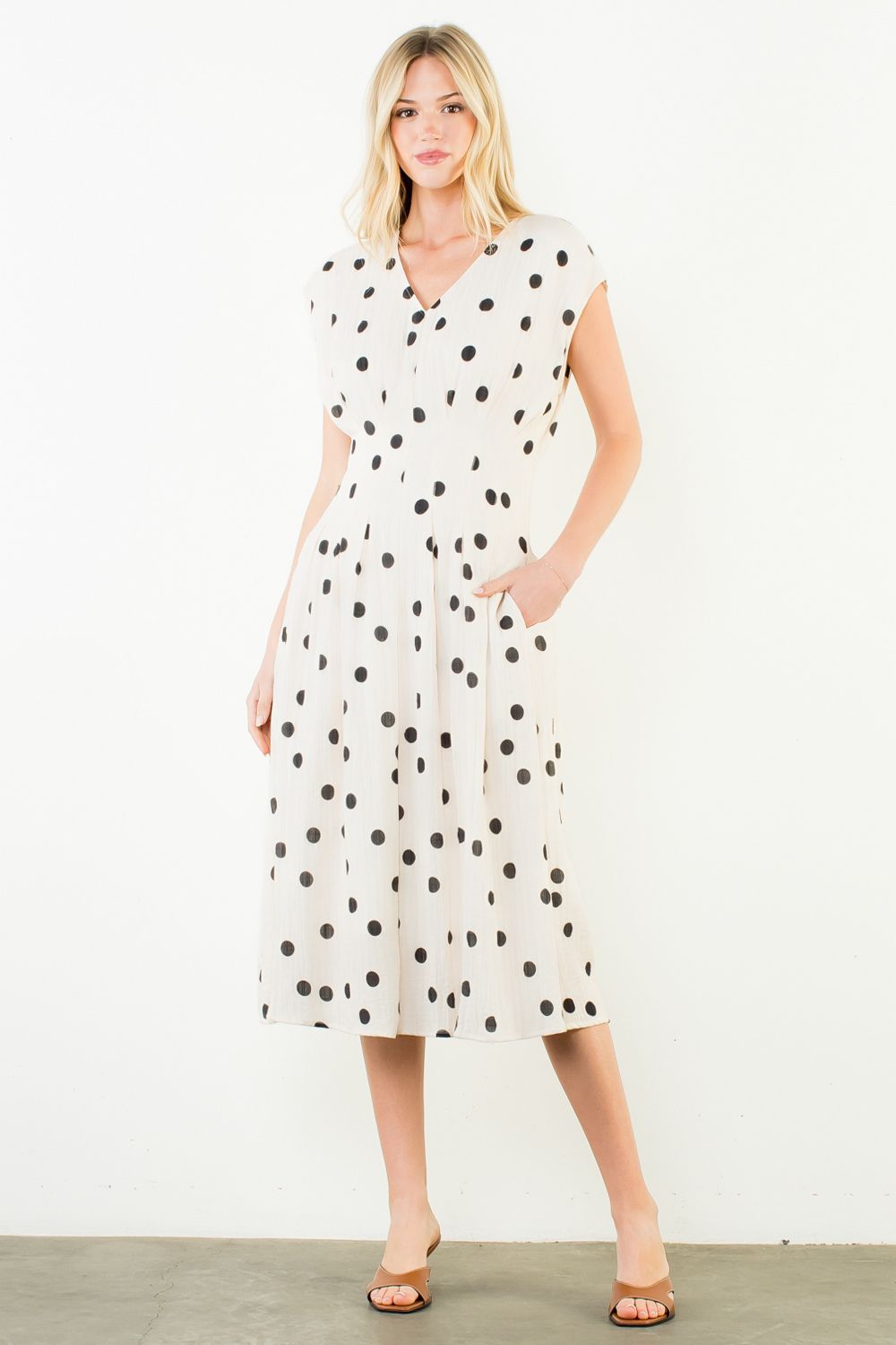 THML "Isla" S/S Polka Dot Dress-Cream/Black