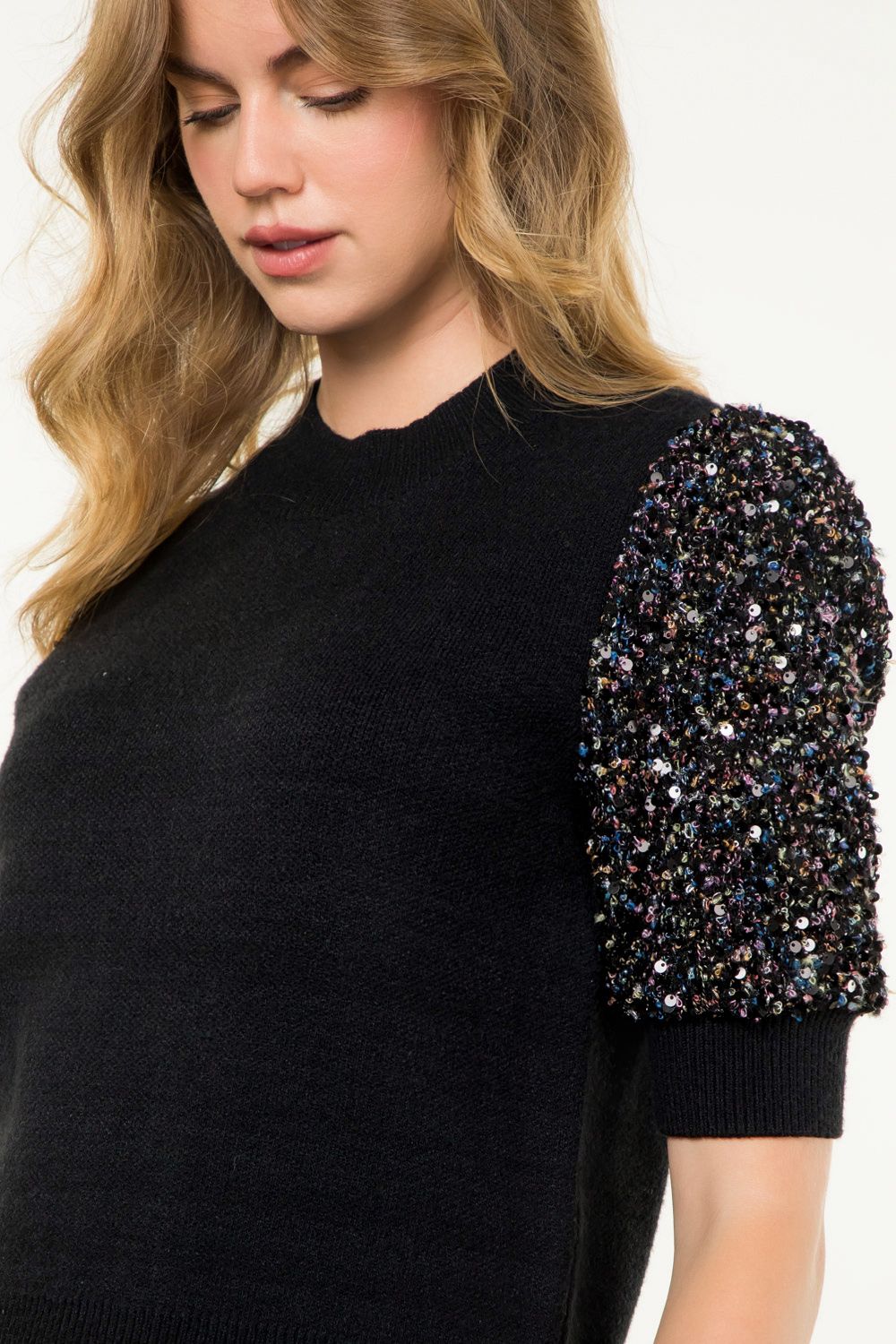 THML "Mariah" Sequin Sleeve Knit Top-Black