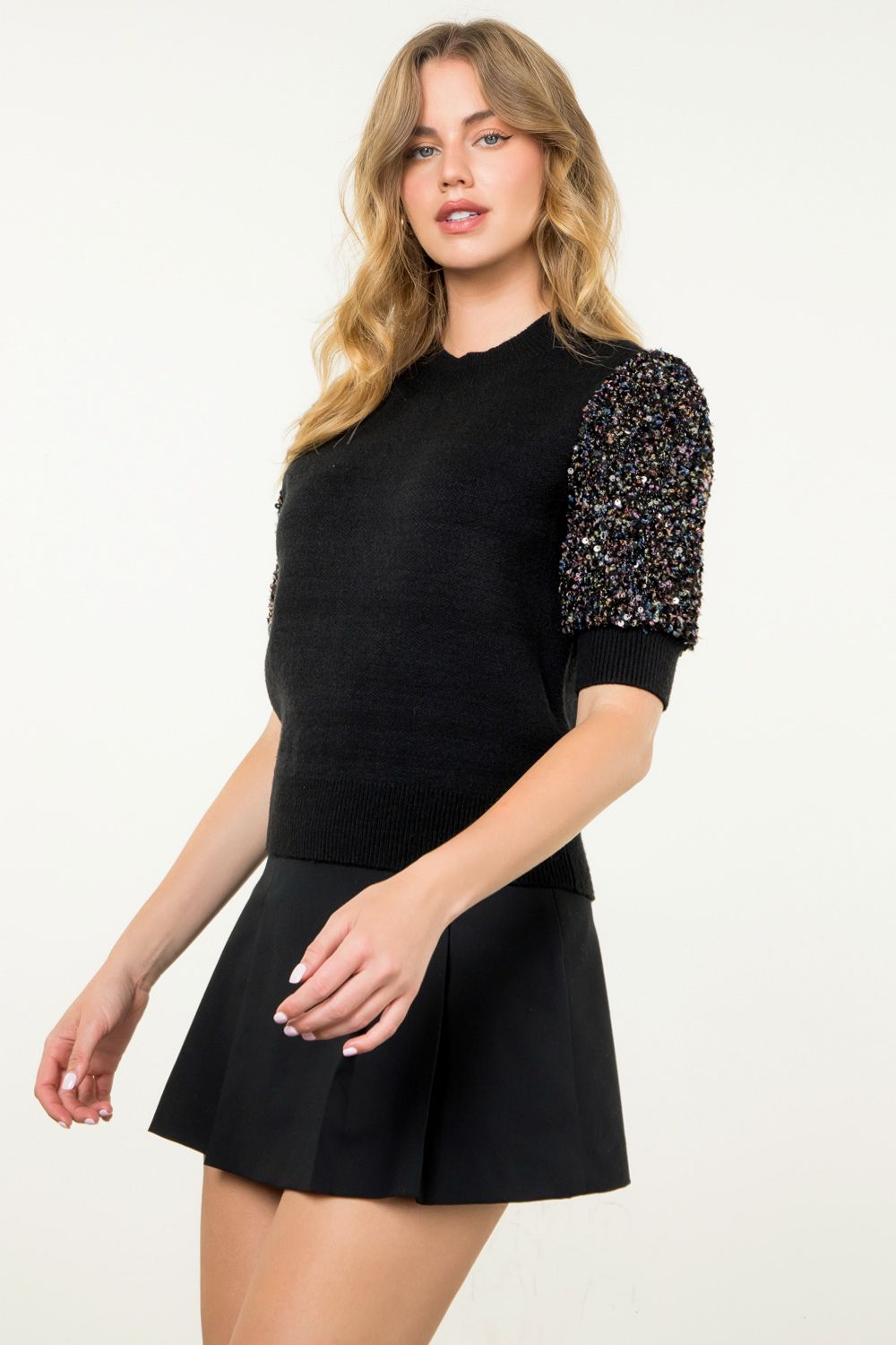 THML "Mariah" Sequin Sleeve Knit Top-Black