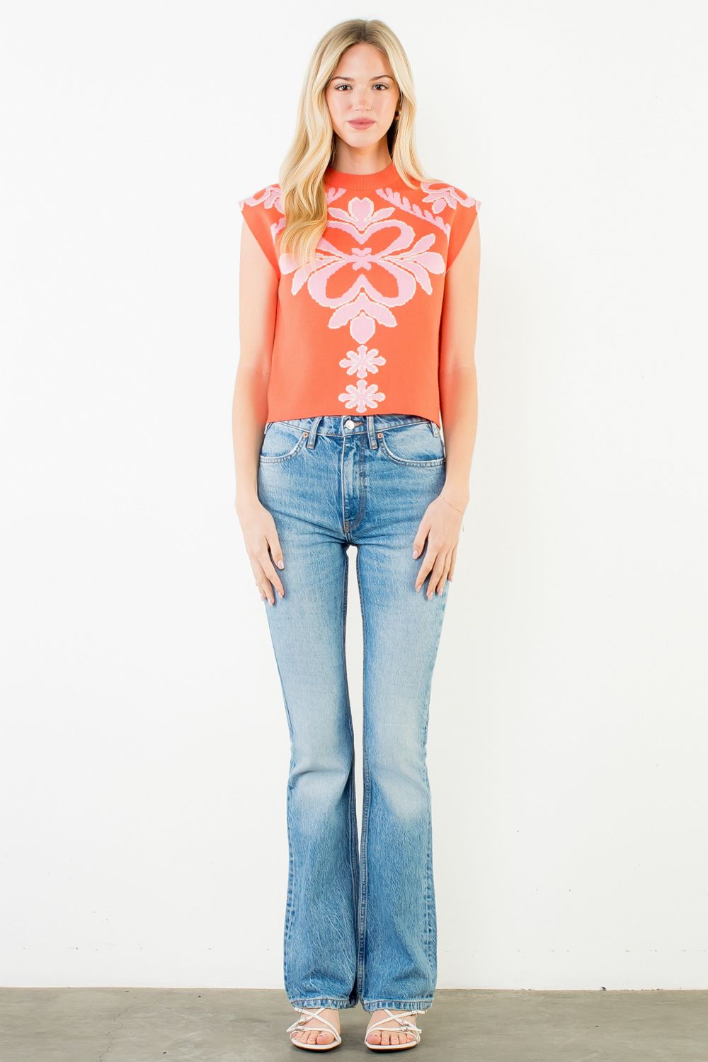 THML "Veronica" Sleeveless Patterned Knit Top-Orange