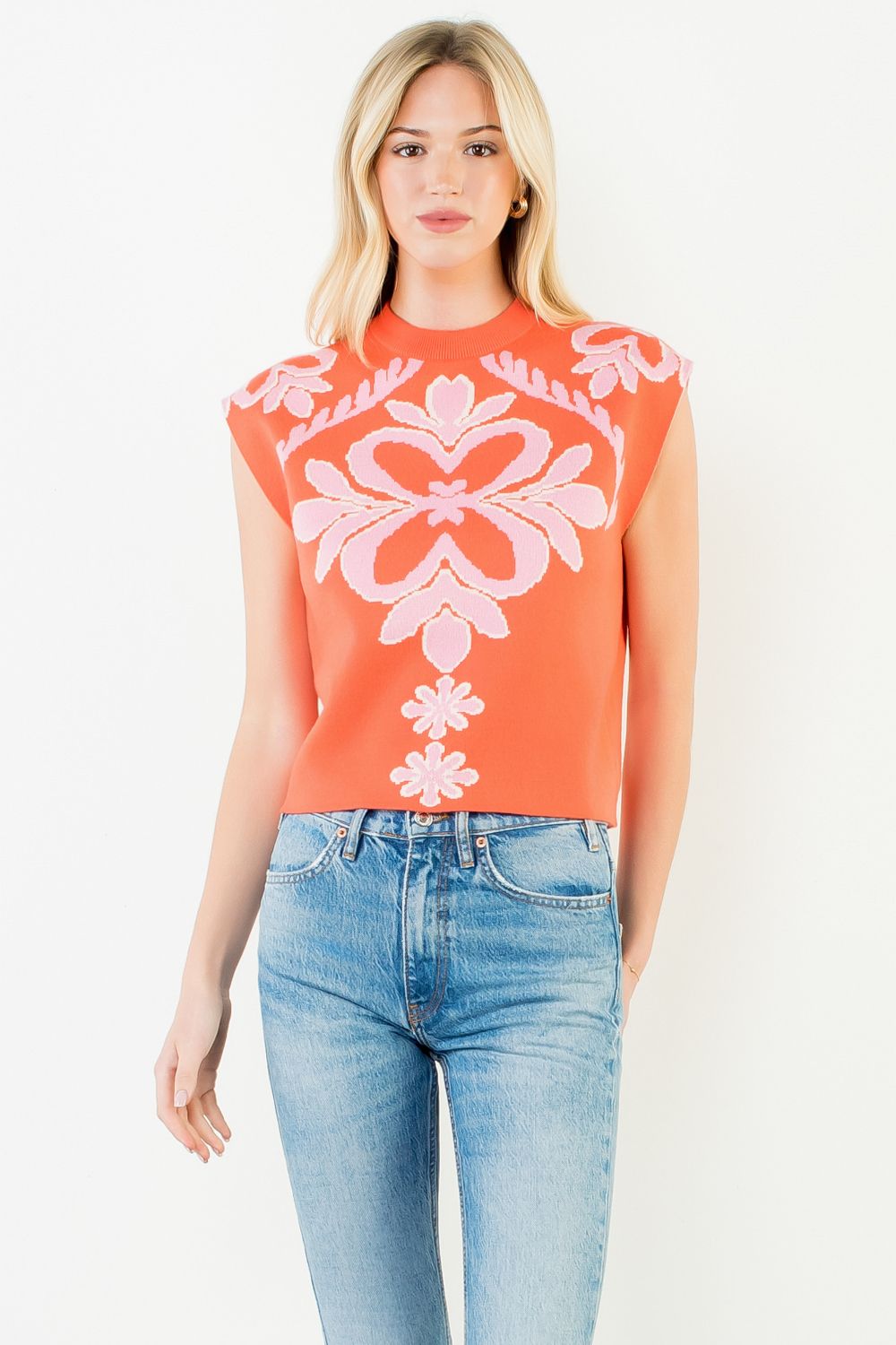 THML "Veronica" Sleeveless Patterned Knit Top-Orange