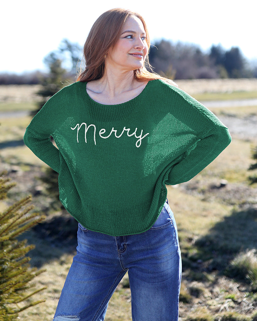 Wooden Ships “Merry” Embroidered Crew Cotton Sweater - Pine