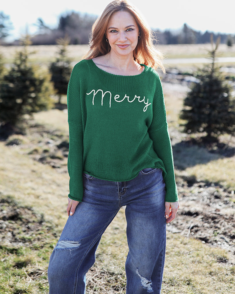 Wooden Ships “Merry” Embroidered Crew Cotton Sweater - Pine