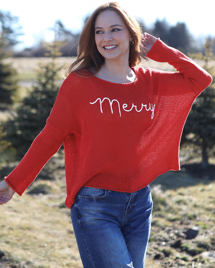 Wooden Ships “Merry” Embroidered Crew Cotton Sweater - Red