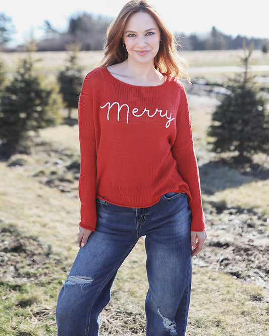 Wooden Ships “Merry” Embroidered Crew Cotton Sweater - Red