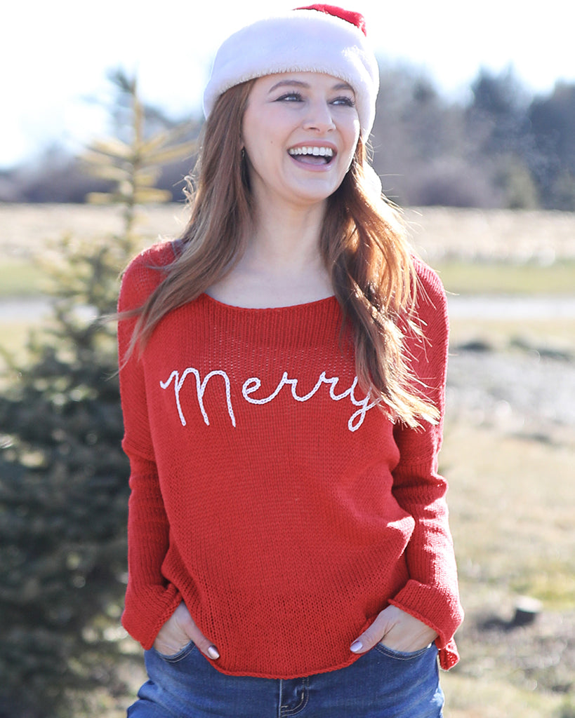 Wooden Ships “Merry” Embroidered Crew Cotton Sweater - Red