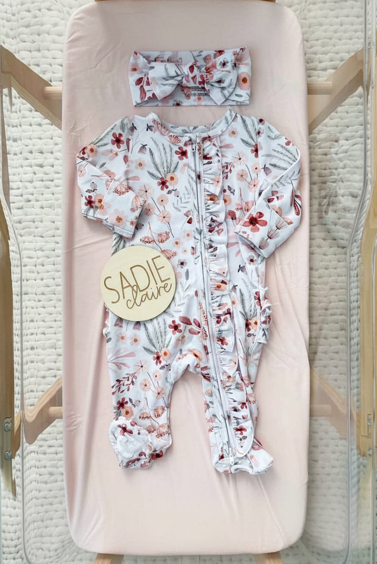 Caden Lane “Wren's Wildflower” Zipper Ruffle Footie