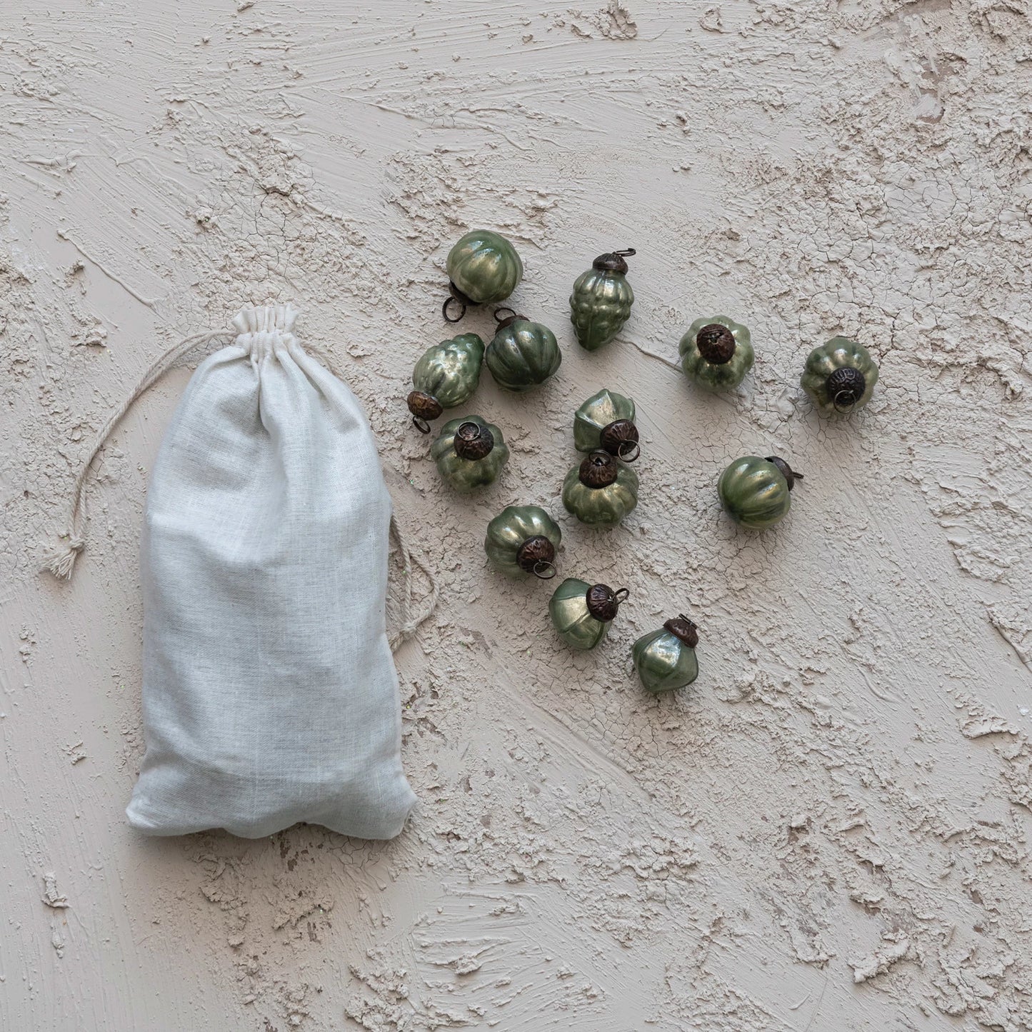 Embossed Recycled Mercury Glass Ornaments in Muslin Bag, Set of 36 Green Finish