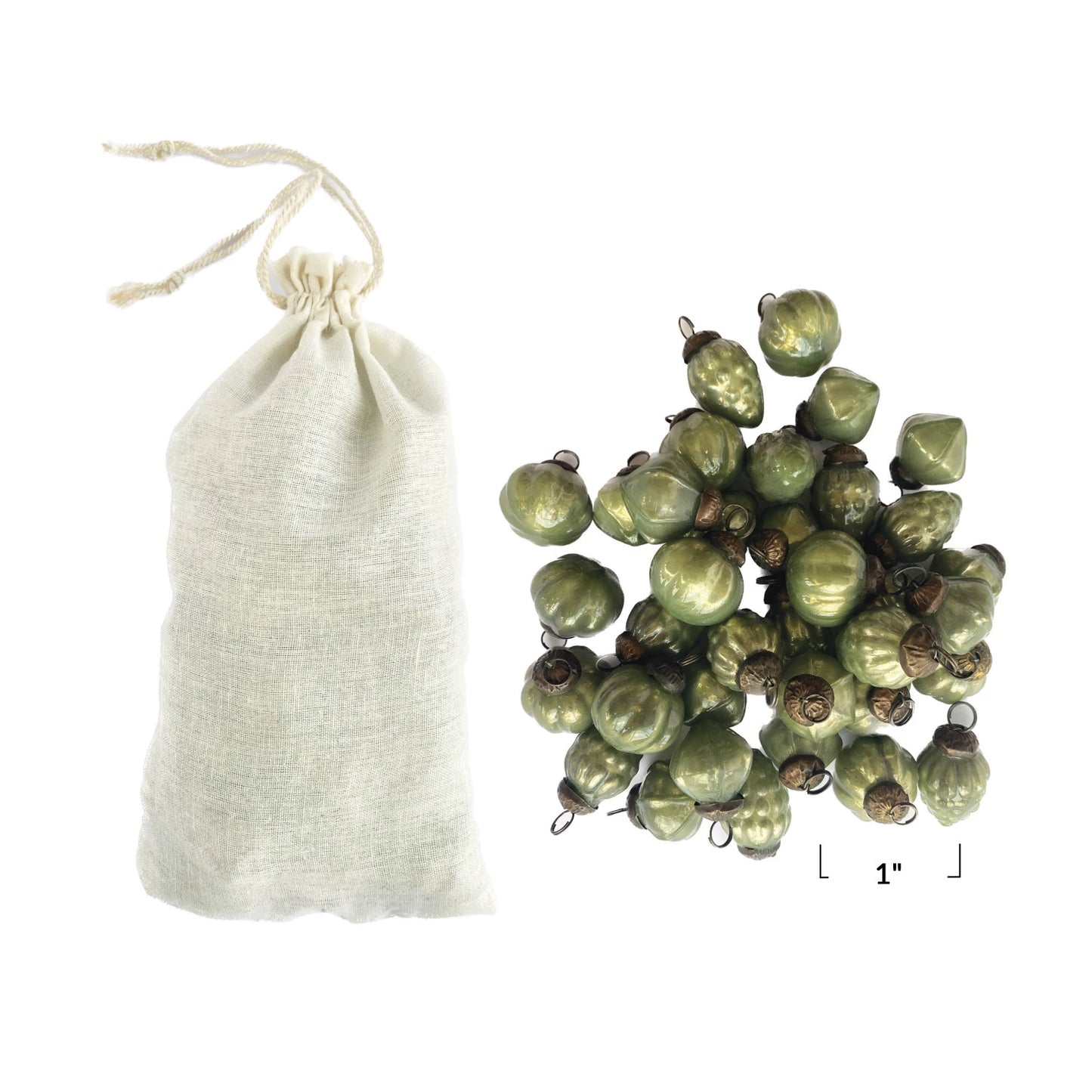 Embossed Recycled Mercury Glass Ornaments in Muslin Bag, Set of 36 Green Finish