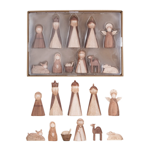 Creative Co-Op Resin Nativity, Wood Finish, Boxed Set of 11