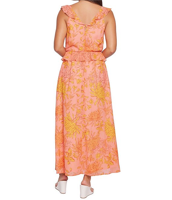 Lost + Wander "Peony Delight" V-Neck Sleeveless Maxi Dress-Orange Floral