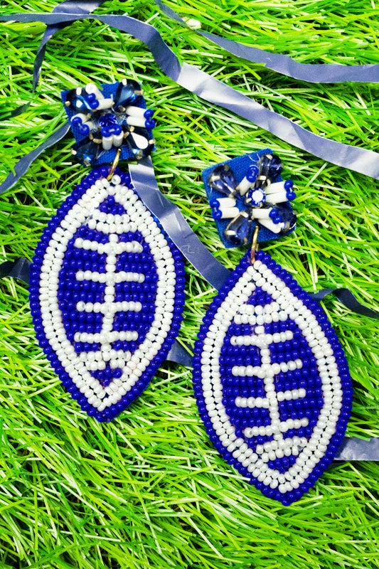 Seed Bead Game Day Football Earring- Blue/White