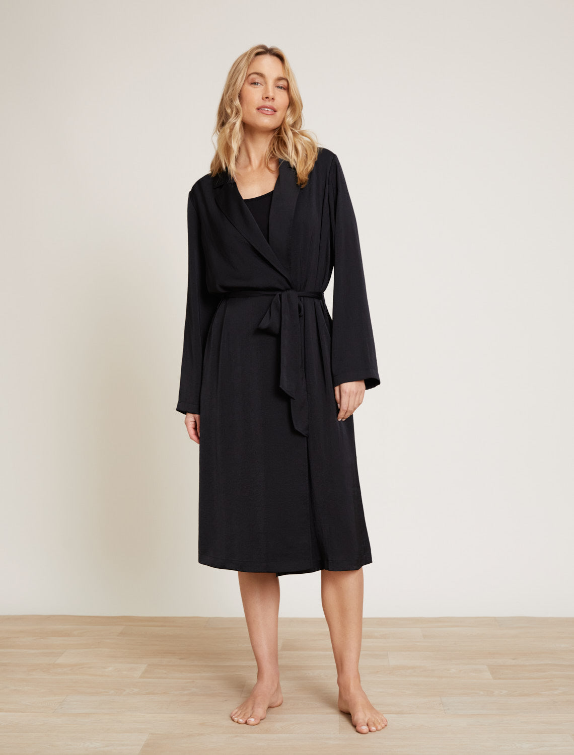 Barefoot Dreams Washed Satin Notch Collar Robe-Black