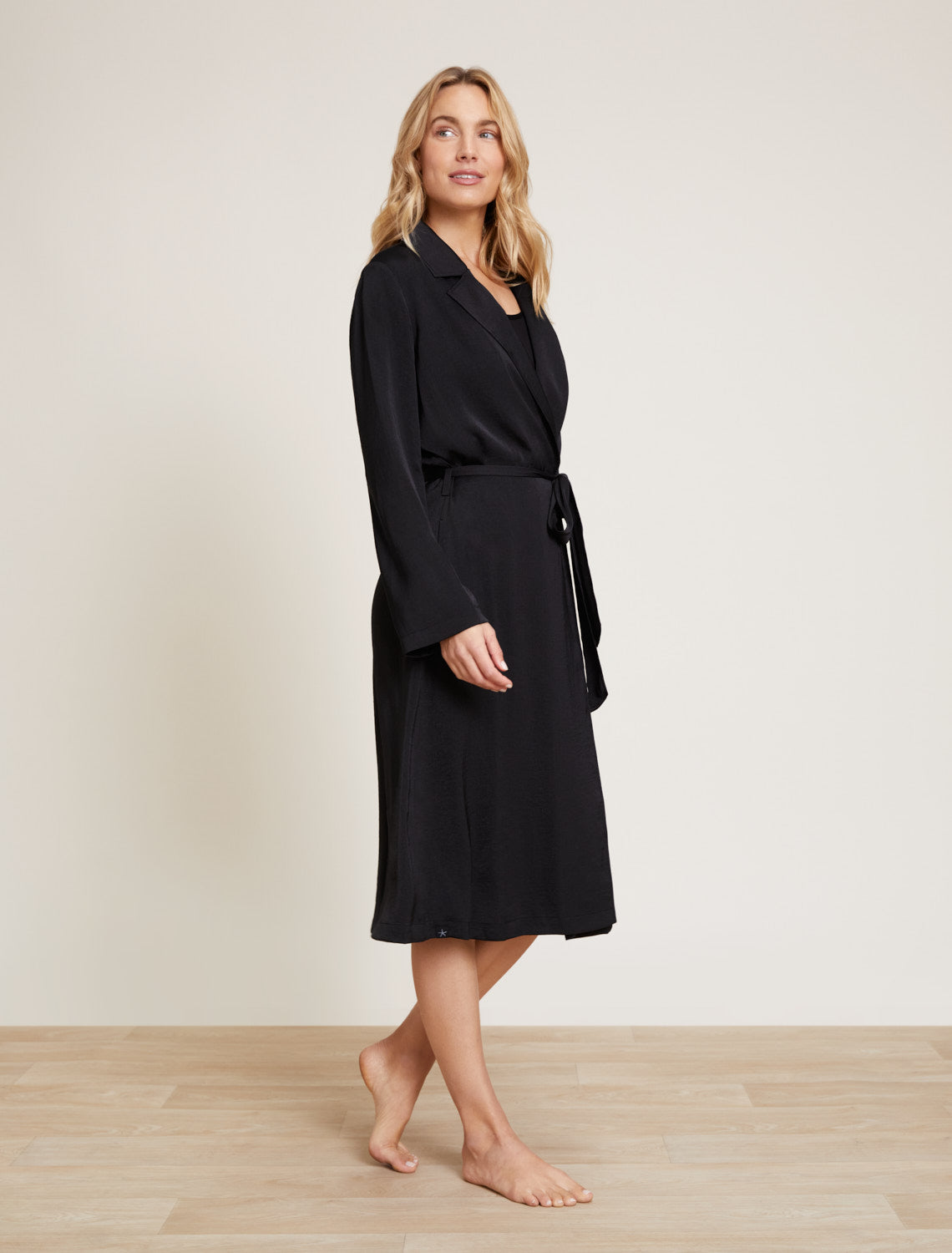 Barefoot Dreams Washed Satin Notch Collar Robe-Black