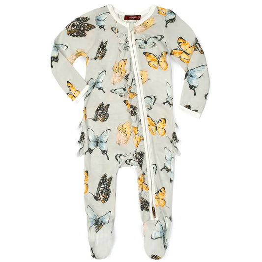 Milkbarn Kids "Butterfly" Bamboo Ruffle Zipper Footed Romper