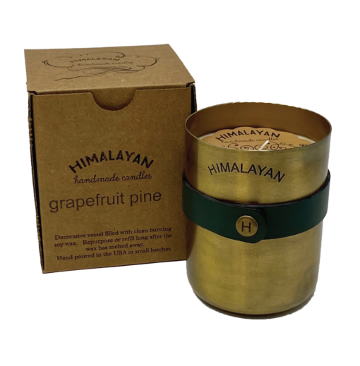 Himalayan Trading Co. Signature Brass Patina Candle w/faux leather wrap-Grapefruit Pine