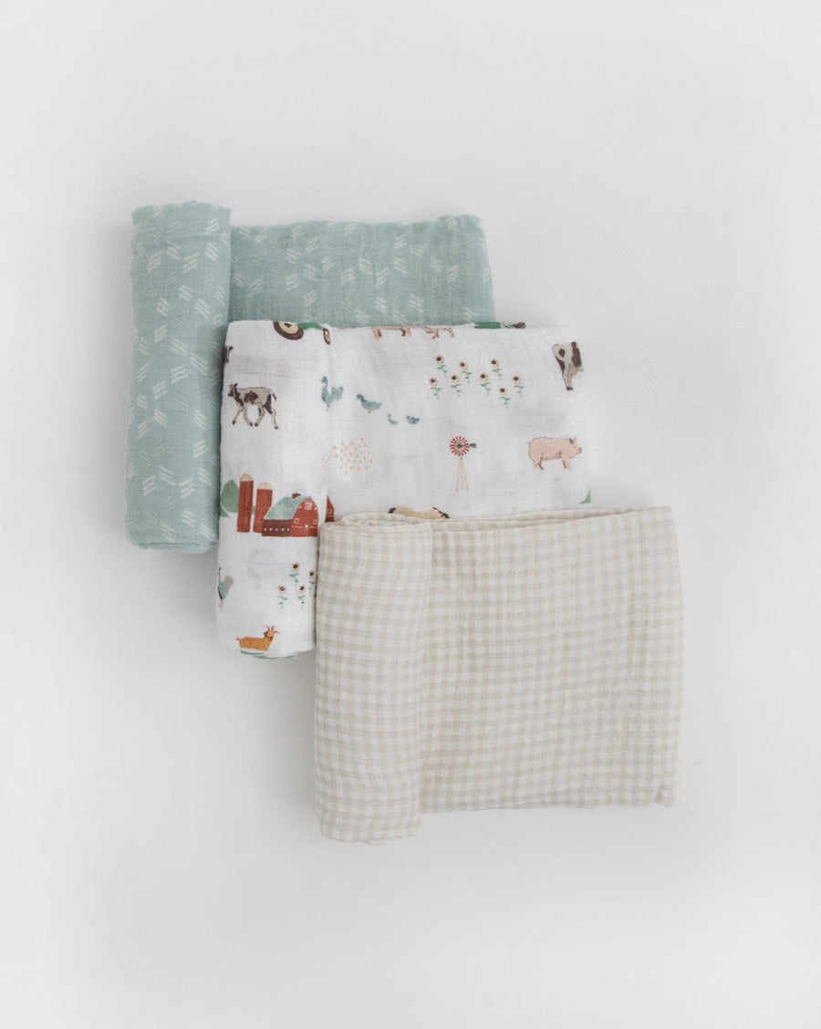 Little Unicorn Cotton Muslin Swaddle Blanket Set of 3- Farmyard