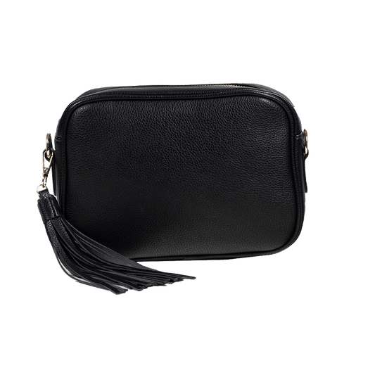 Ahdorned Faux Pebbled Leather Tassel Bag-Black