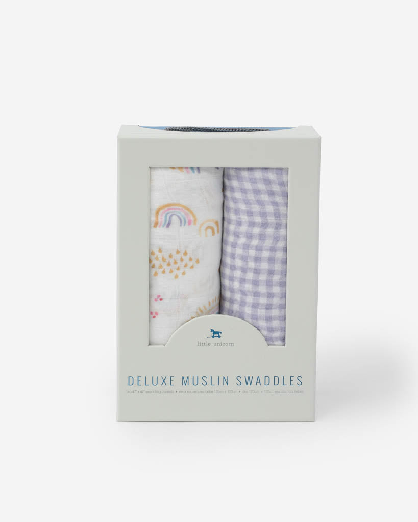 Little Unicorn Deluxe Muslin Swaddle Blanket Set - Rainbow Gingham