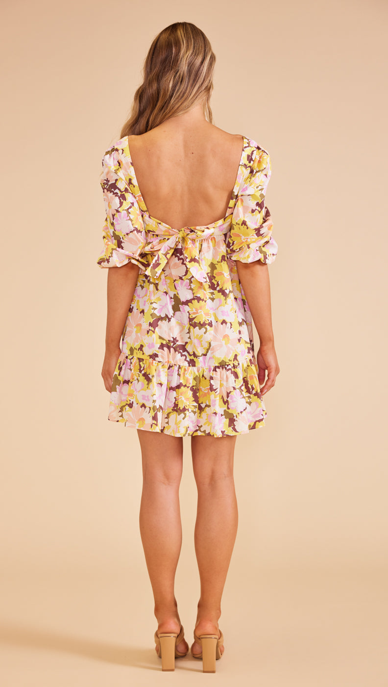 Mink Pink "Zoey" Mini Dress- Brown/Yellow Floral