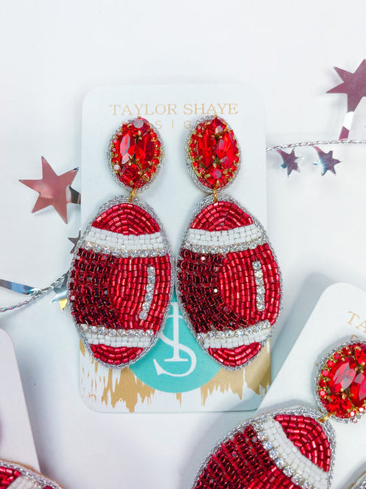 Beaded Red & White Football Earrings