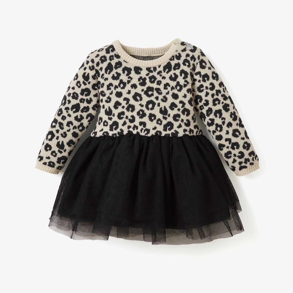 Elegant Baby Leopard Tulle Baby Knit Dress
